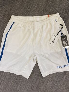 Peloton Men’s White Athletic Shorts with Blue Side Stripe